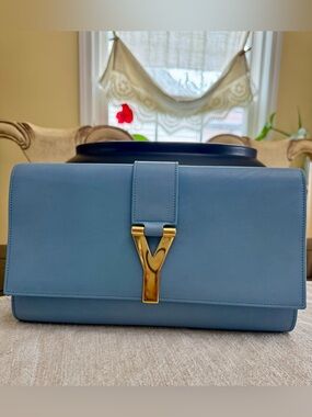 Yves Saint Laurent Light Blue Smooth Calfskin Leather Ligne Y Clutch